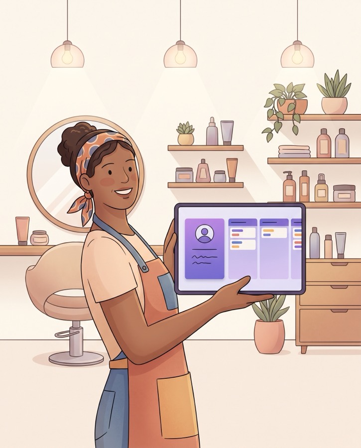 Une coiffeuse consulte la fiche client de son CRM sur une tablette